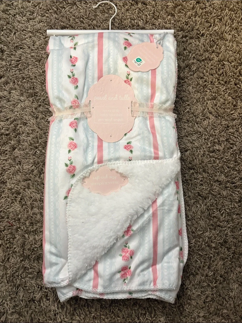 Cozy Floral Stripe Baby Throw Blanket - Pink & White